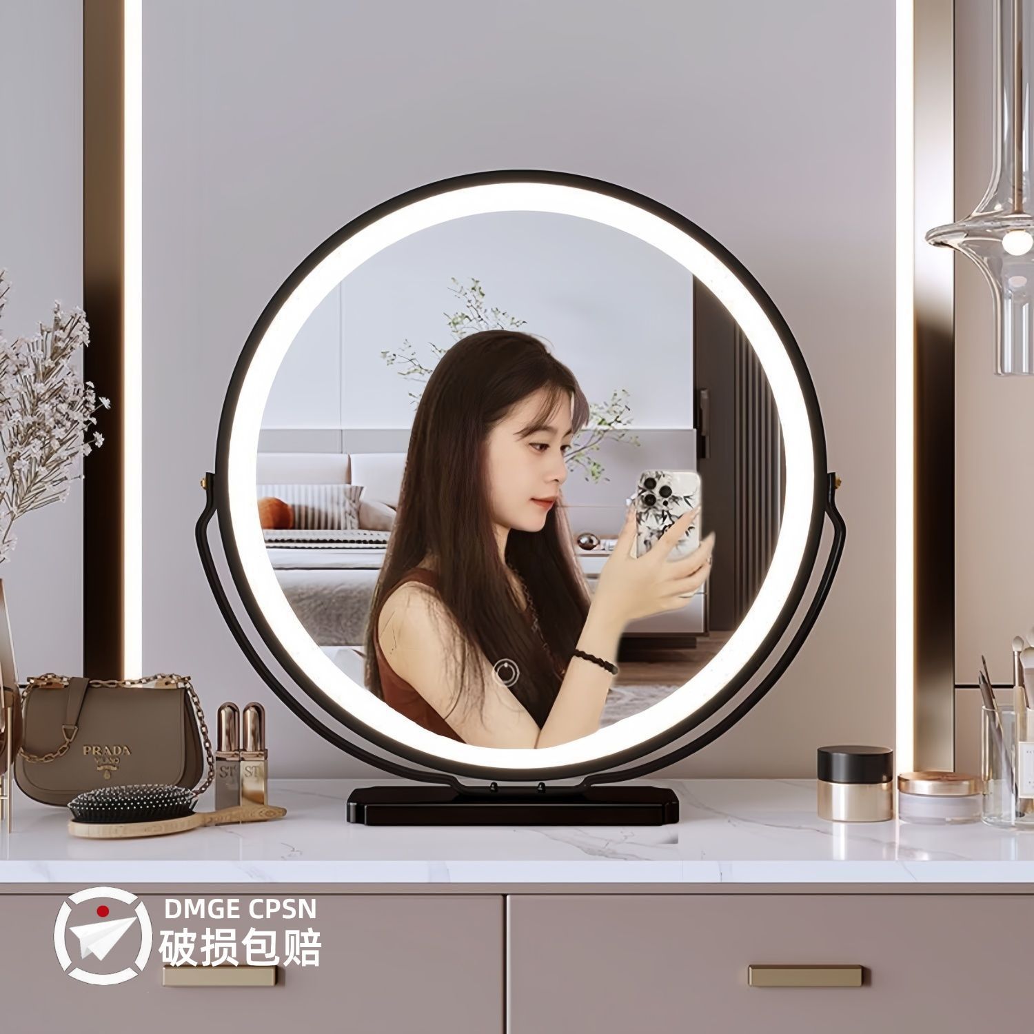 梳妆台化妆镜台式桌面带灯led可旋转补光智能家用镜子宿舍少女ins