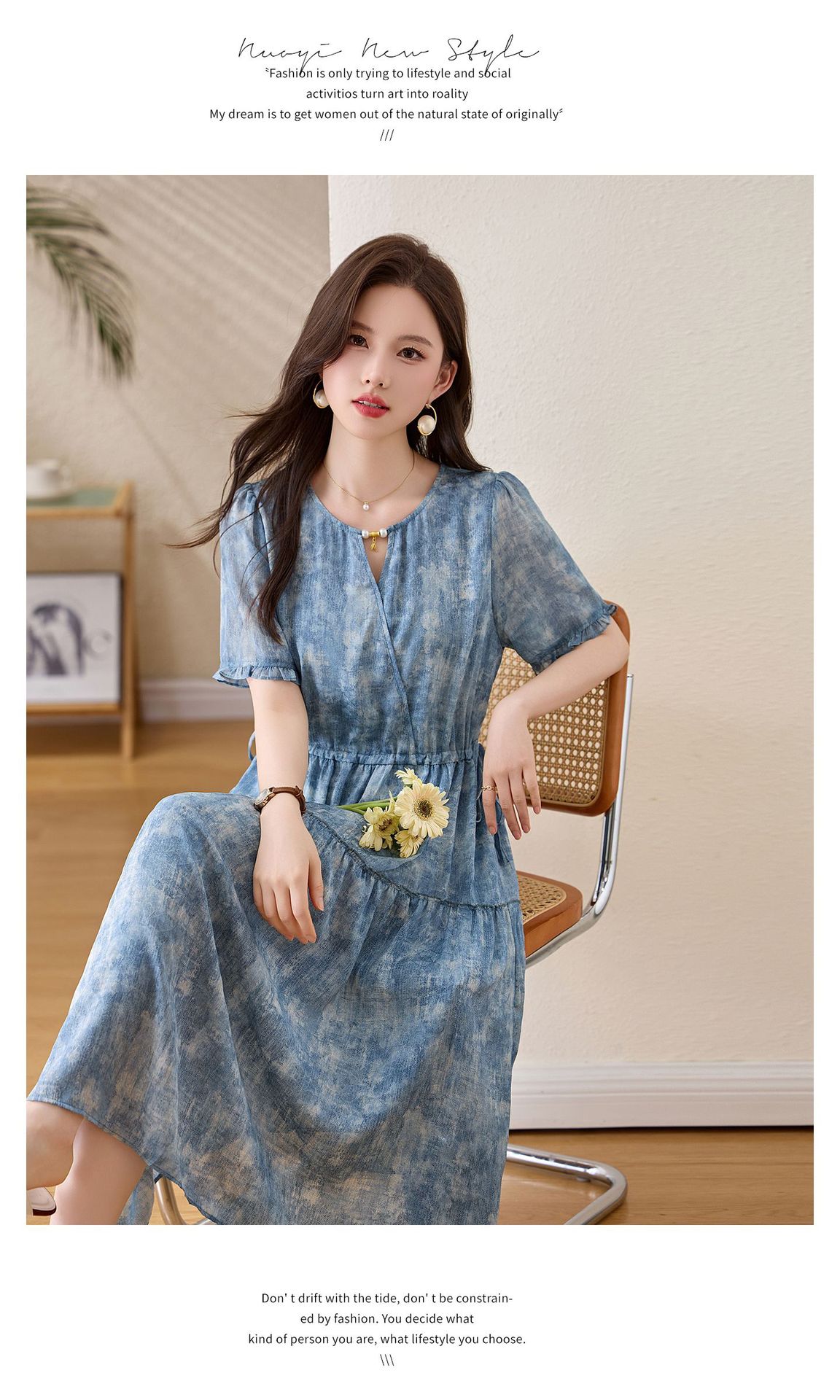 Đầm maxi nữ thắt eo cổ V tay ngắn họa tiết hoa dáng dài GT8207 — xanh lam, Màu hồng chi tiết 22