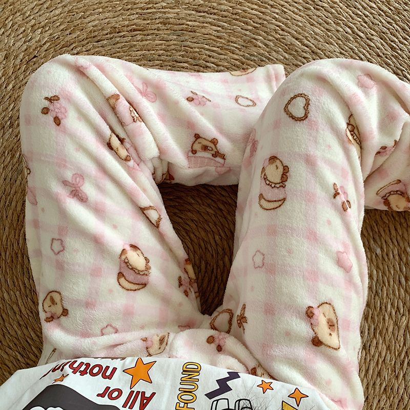 Pantalones de pijama de franela de dibujos animados de otoño y invierno para mujeres con pantalones de lana de coral caliente para estudiantes de lana de invierno para el hogar