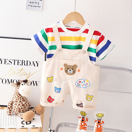  Summer New Boys' and Girls' Casual Hipster Overalls Two-Piece Set for Toddlers Striped Crew Neck Short Sleeve Outfit Dropshipping