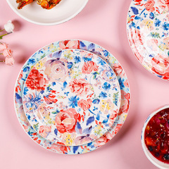 美式陶瓷餐具創意西餐盤家用面沙拉水果零食盤手繪花卉裝飾盤子