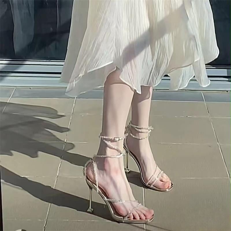 Rhinestone Sandals for Women, Fairy-Style Crystal Chain High Heels, Transparent Pvc Open-Toe Cross-Strap Thin Heel Roman Shoes Rhinestone Sandals for Women, Fairy-Style Crystal Chain High Heels, Transparent Pvc Open-Toe Cross-Strap Thin Heel Roman Shoes