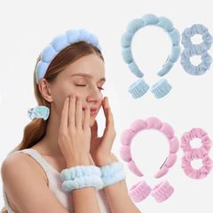 アマゾン洗顔用リストバンド、ヘアバンドセット、高頭囲用スポンジツイストクラウドヘッドバンド、ヘアアクセサリーセット