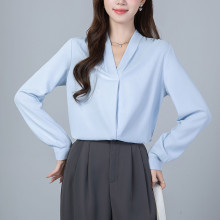 2025现货长袖雪纺法式上衣V领衬衫设计感小众气质职业面试白衬衣