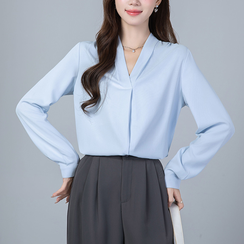 2025现货长袖雪纺法式上衣V领衬衫设计感小众气质职业面试白衬衣