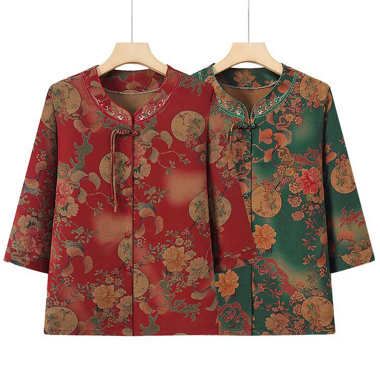 Летние рубашки с рукавом три четверти для женщин среднего и пожилого возраста, женская одежда, одежда для мам, летняя одежда для 70-летних, рубашки в китайском стиле.