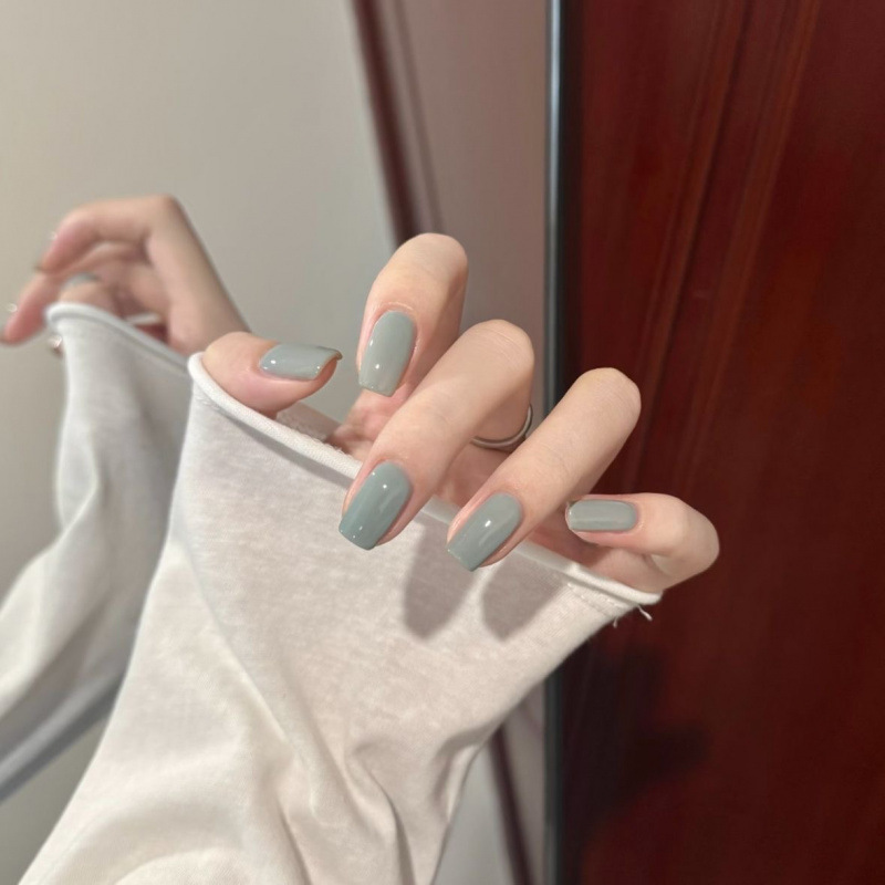Handmade manicure wearable nails, new high-end cool Morandi gray-green detachable fake nail patches