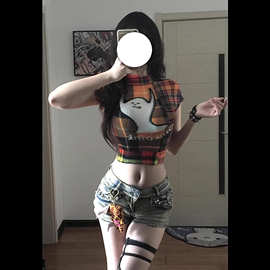 美式复古趣味涂鸦格纹短袖T恤女夏季辣妹设计感收腰短款上衣