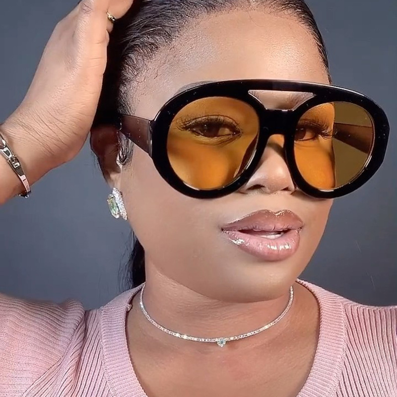 63g Weight Full Frame Glasses Structure Sunglasses Classification Ac, UV400 Protection Lens Material Round Frame Glasses Style Travel, Street Occasion Geometric Pattern Women's Gender Fashion Style Yellow, Black Color Fashion Geometric Ac UV400 Protection Round Frame Full Frame Women's Sunglasses 无