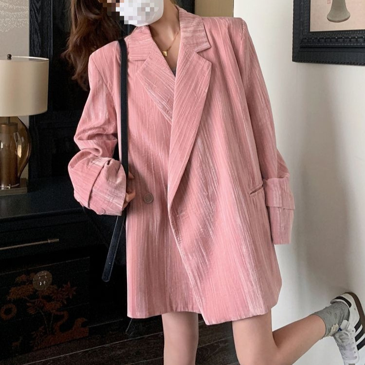 New Pink Velvet Blazer for Women, Spring and Autumn New Korean Style Loose Casual Trendy Small Suit