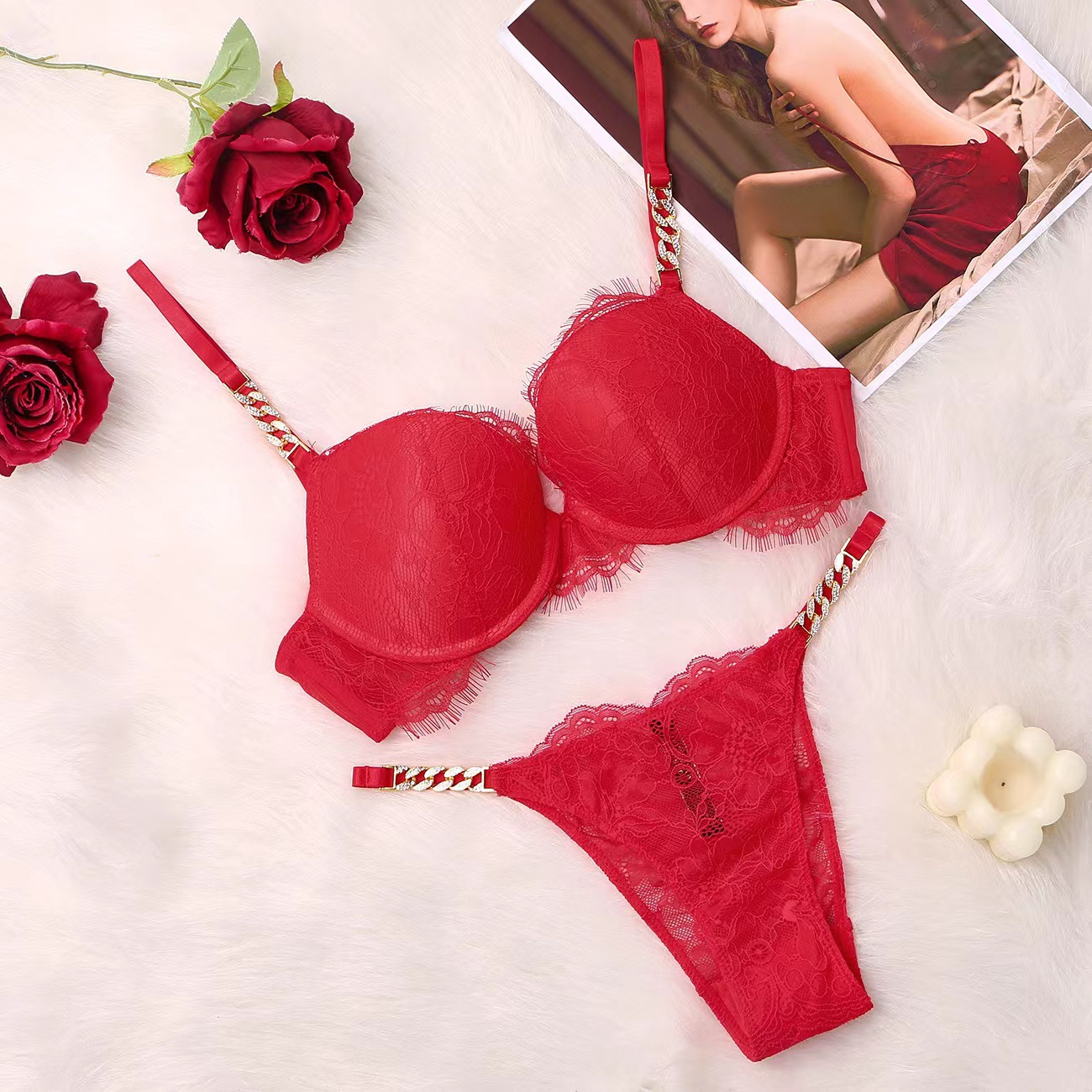 Comercio exterior estilo europeo y americano sexy push up soporte superior ropa interior de belleza las mujeres espalda delgada Correa hombro encaje cadena metal sujetador traje