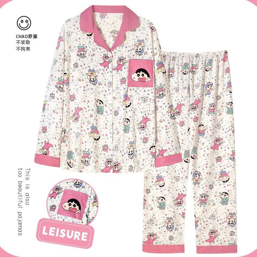 Nube transfronteriza pijama de algodón crayón de mujer pequeño nuevo otoño pantalones de manga larga lindos dibujos animados ropa de casa se puede usar fuera