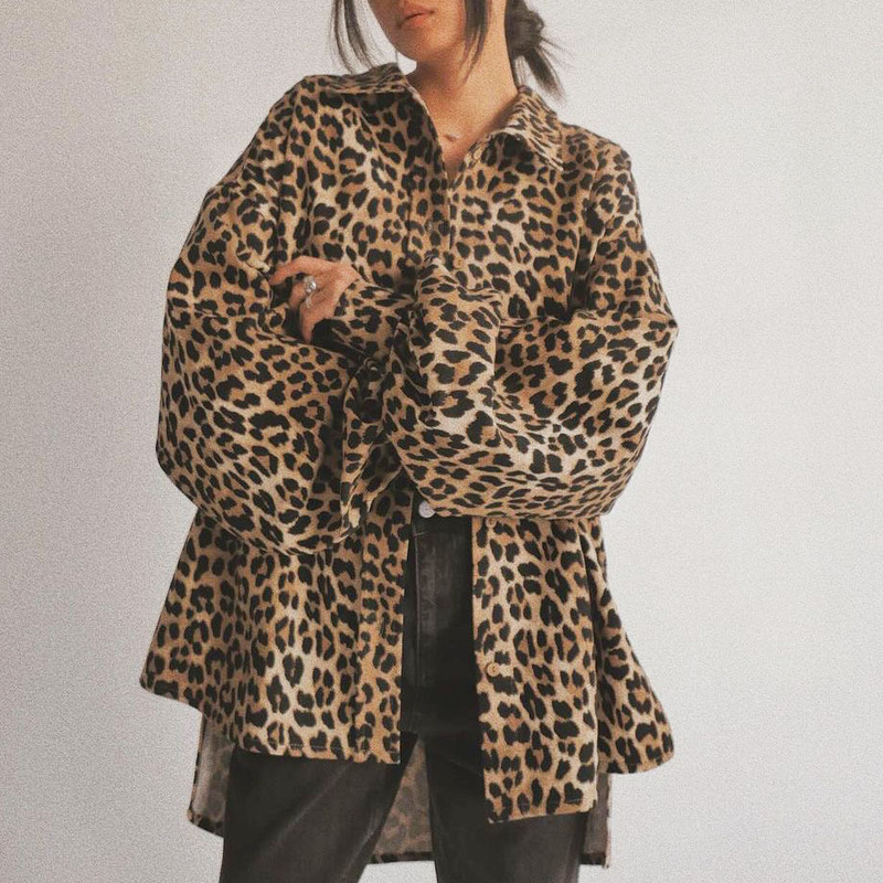European and American autumn and winter hot street hipster leopard print large profile shirt women's cross-border wholesale American retro loose coat European and American autumn and winter hot street hipster leopard print large profile shirt women's cross-border wholesale American retro loose coat