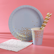 创意圆点烫金纸杯纸盘套装 户外聚会一次性蛋糕盘饮料杯餐具用品