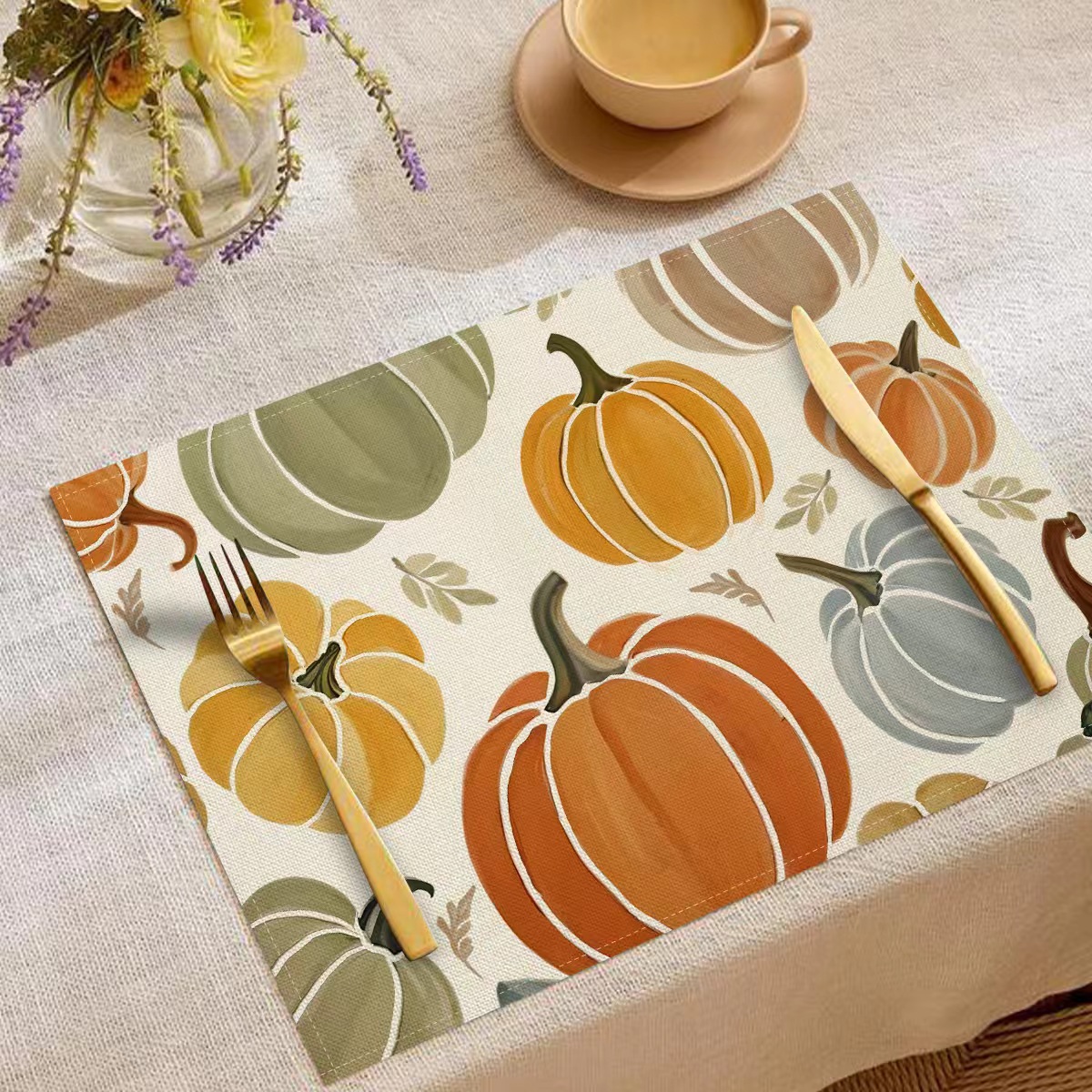 Transfronterizo temu explosión Día de Acción de Gracias otoño calabaza lino estampado conjunto lino estampado mesa de restaurante