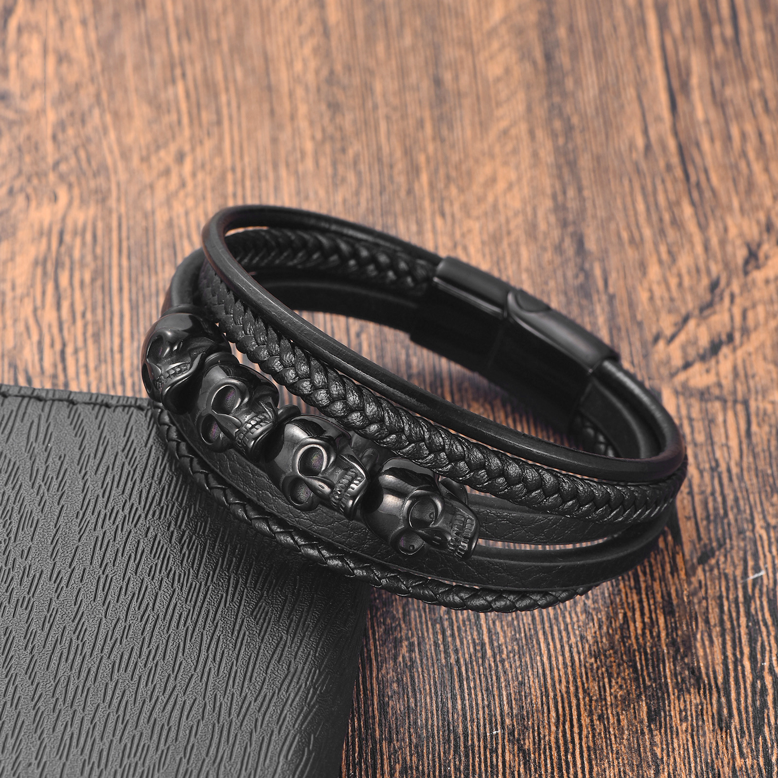 Men's Gender Polishing Design Hip-Hop 316 Stainless Steel Leather Geometric Skull Men Cord & Leather Bracelets Halloween