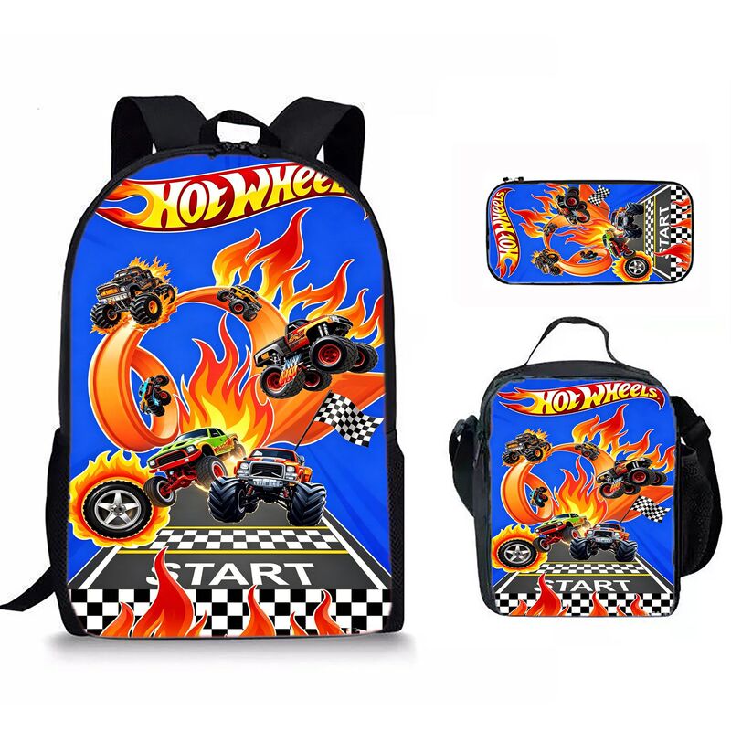 Cross-Border Hot Wheels Backpack, Meal Bag, Pencil Case Three-Piece Set, Lightweight Large-Capacity Student School Bag, Casual Travel Backpack