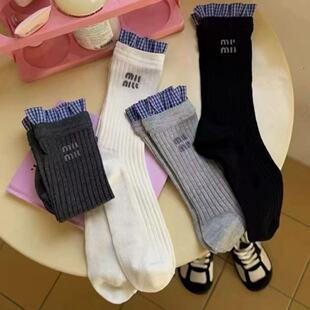 Thin plaid socks lace academic style tube socks children spring and summer blue plaid versatile new fashionable socks Korean style