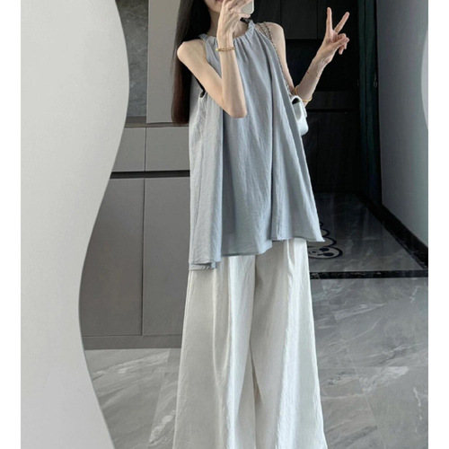 Korean-style sportswear set for women, 2026 summer fashion, elegant, sleeveless top and wide-leg pants, casual two-piece set