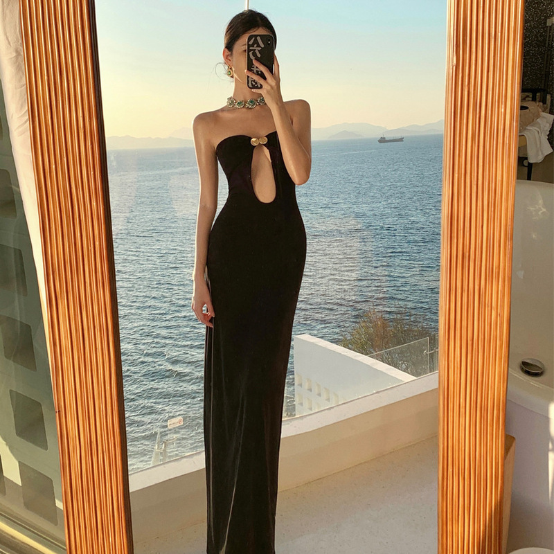 Pure Desire Spice Girl Black Strapless Hollow Design Sense Slim-fit Hip Bag dress Women's Summer Sexy Photo Dress