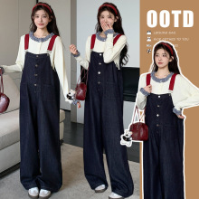 孕妇秋冬新款复古宽松背带裤韩版休闲阔腿牛仔裤+花边针织打底衫