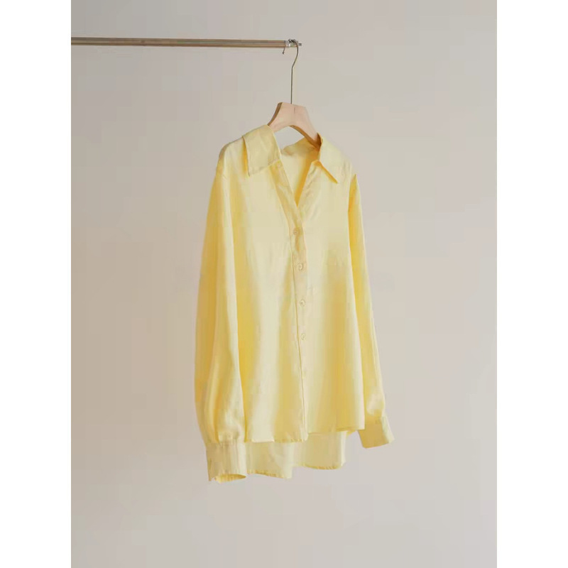100% Natural Pure Linen Shirt V-Neck Natural Flowing Long-Sleeved Shirt Yellow Sun Protection Women's Top Jacket Spring and Summer