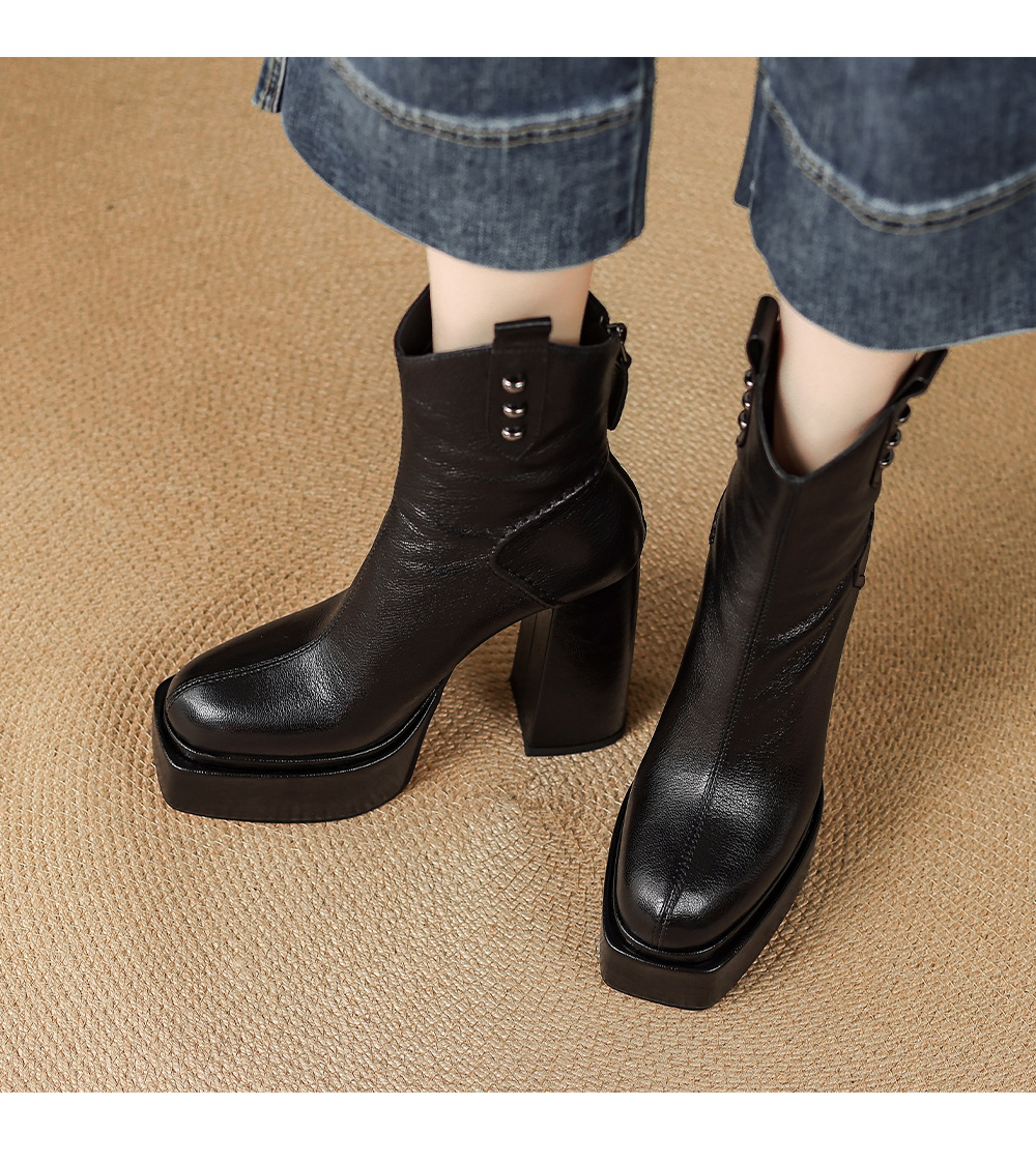 Boot nữ cổ thấp mũi vuông gót vuông cao 9 cm, đế platform, lót nhung ấm mùa thu đông — Lớp lót nhung đen chi tiết 8