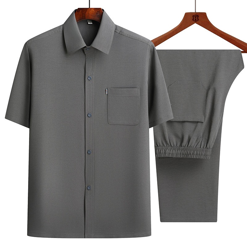 Summer Thin Ice Silk Short-Sleeve Shirt Set for Middle-Aged and Elderly, Loose Fit, Dad's Short-Sleeve Shirt Set
