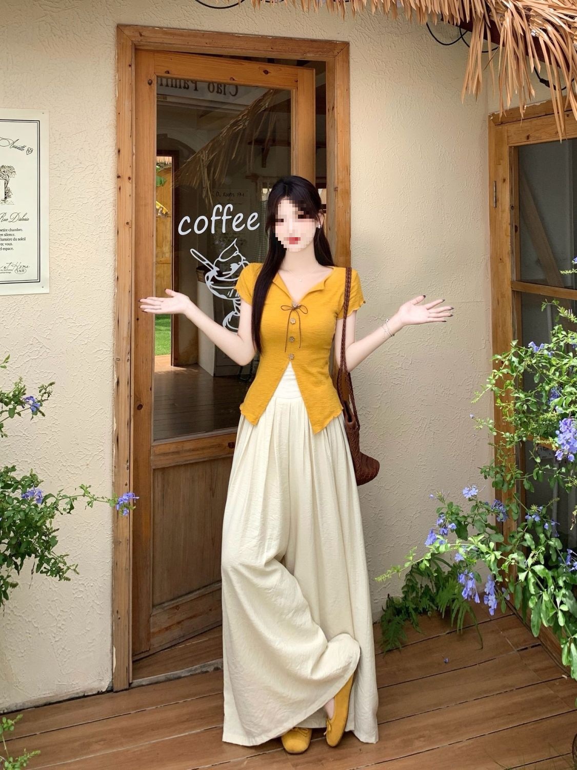 Bộ hai mảnh mùa hè phong cách Pháp: áo cổ V ngắn tay thắt eo + quần ống rộng cạp cao — Quần đùi (Single Piece), Hai bộ (T - shirt+quần đùi rộng), Áo Thun (Single Piece) chi tiết 9