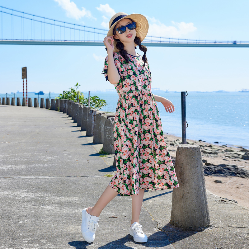 Vestido de niña Zhongda 2024 nuevo estilo estilo estilo occidental manga abullonada princesa falda larga niña falda de playa algodón puro verano