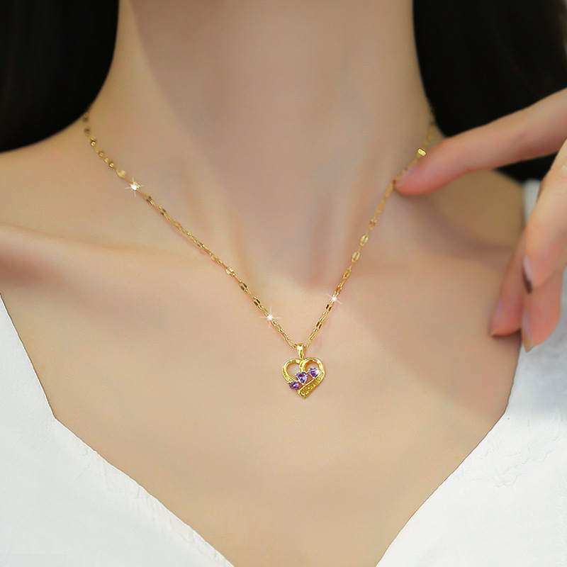 Fashion Heart Shape Titanium Steel Chain Inlay Artificial Diamond Pendant Necklace 1 Piece