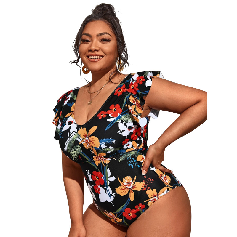 Traje de baño de bikini de una pieza con cuello en V y estampado floral sexy de talla grande NSVNS117556