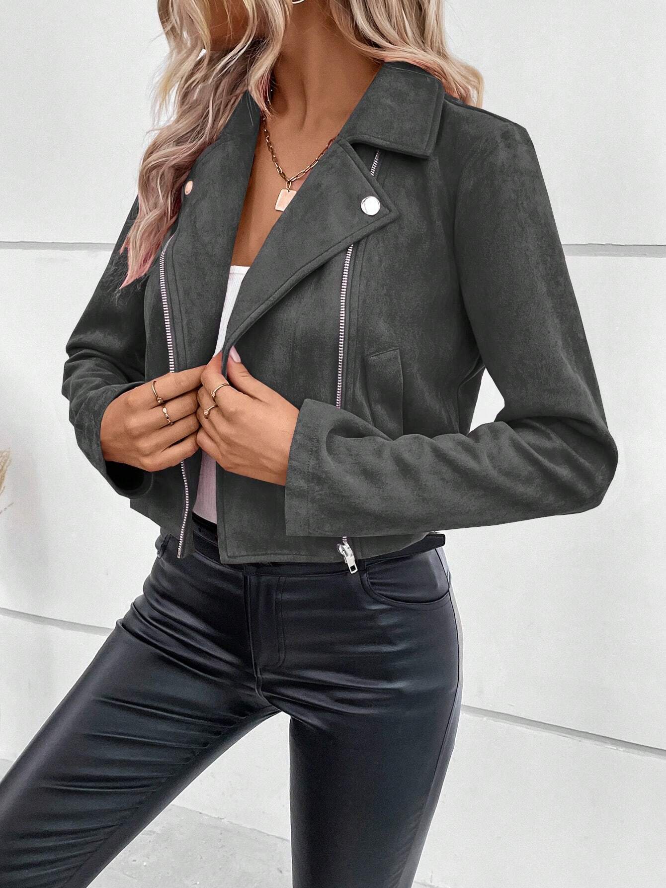 Women's Slim Fit Suede Short Jacket With Zipper For Winter_voghion.com