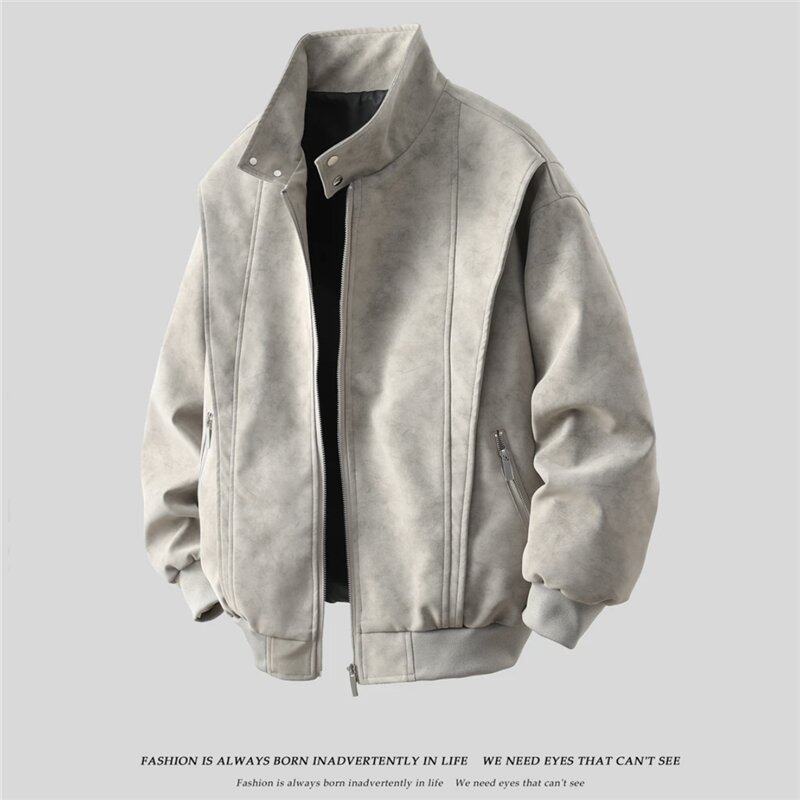 唐团夹克男女款秋季美式复古棒球领休闲宽松美拉德水洗皮衣港风