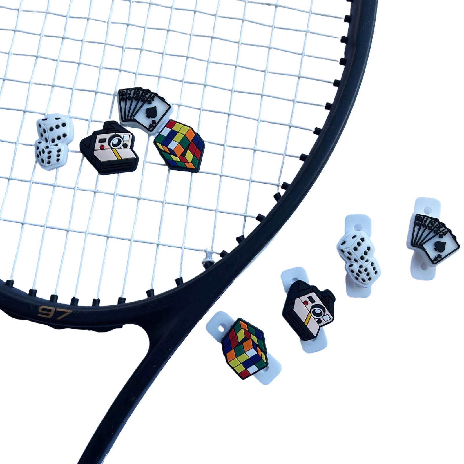 Cross-Border Personalized Button-Type New Rubik's Cube Racket Shock-Absorbing Fun Dice Tennis Racket Silicone Shock Absorber Camera