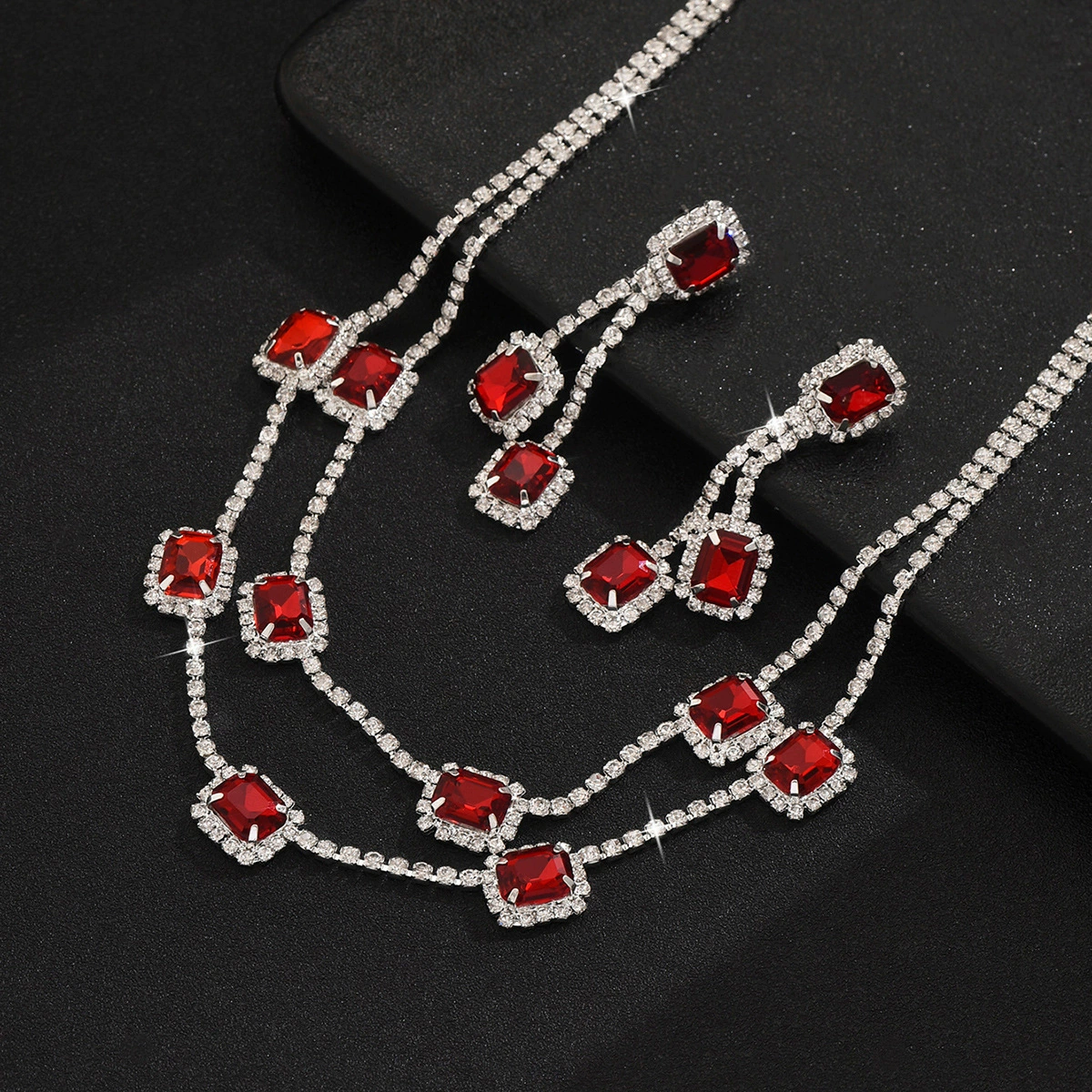 Square multicoloured necklace, earrings, set, Amazon, light luxury style, 2 piece set