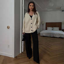 2025跨境欧美外贸女装亚马逊慵懒风V领针织开衫女宽松毛衣外套裤