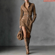 2025欧美跨境秋冬季新品鹿皮绒时尚高领长袖口袋带腰带女装连衣裙