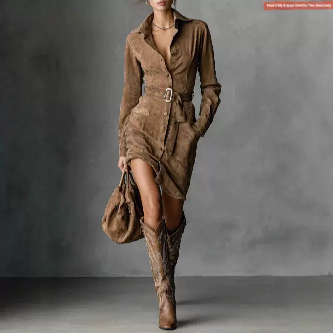 2025欧美跨境秋冬季新品鹿皮绒时尚高领长袖口袋带腰带女装连衣裙