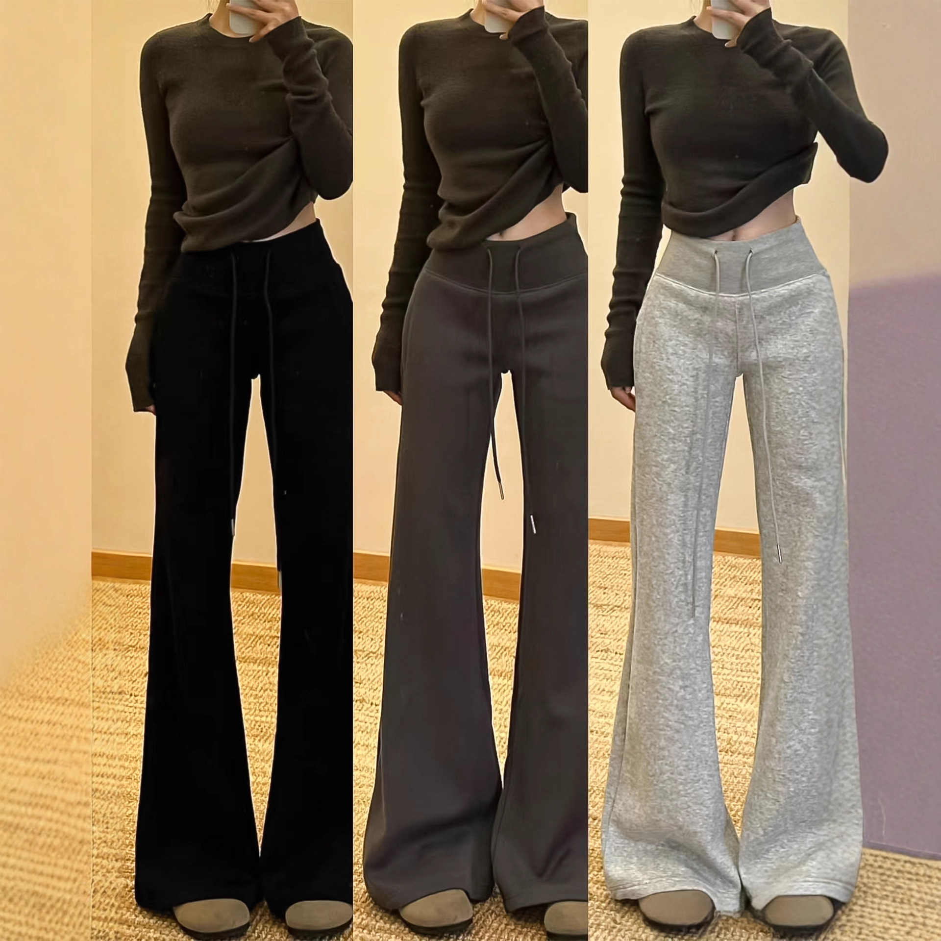 Black American-Style Flared Sweatpants for Women, Autumn and Winter 2025 New High-Waisted Slim-Fit Drapey Fleece-Lined Flared Joggers