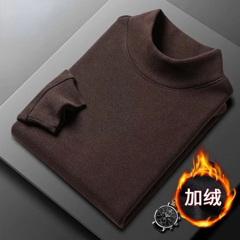 Tiktok same autumn and winter half turtleneck bottoming shirt de Velvet men fleece-lined thick solid color warm sweater men
