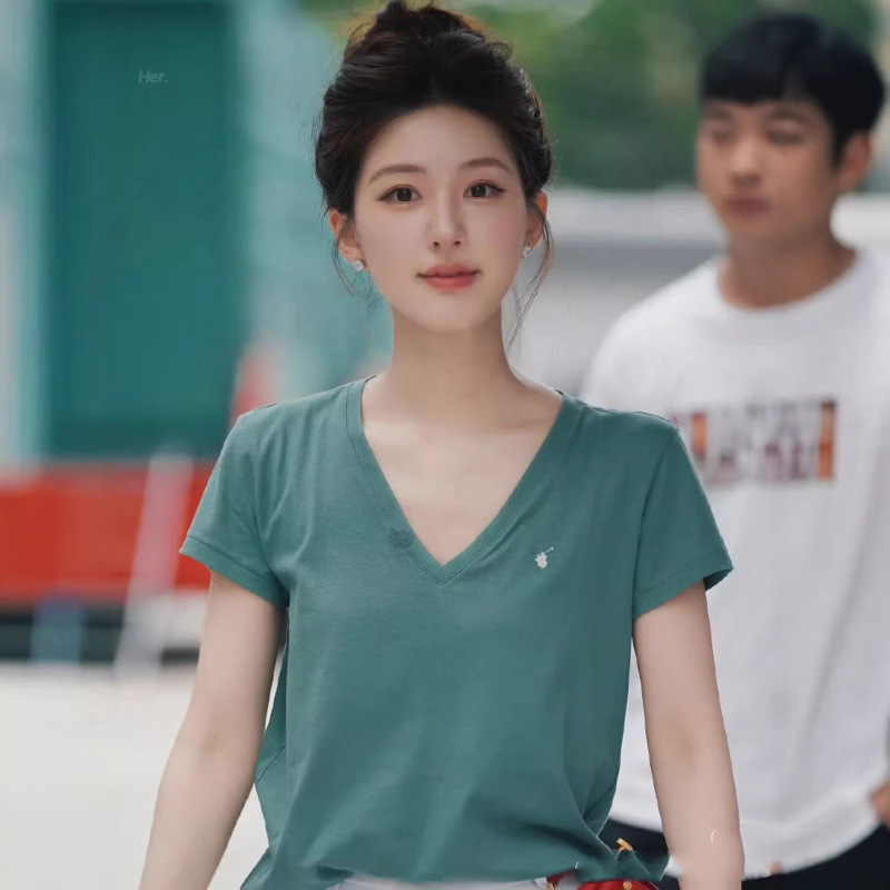 High Version Rl Raff V-Neck Short-Sleeved T-Shirt Women's Pony Logo Embroider Multi-Color Simple Casual V-Neck Bottoming Top