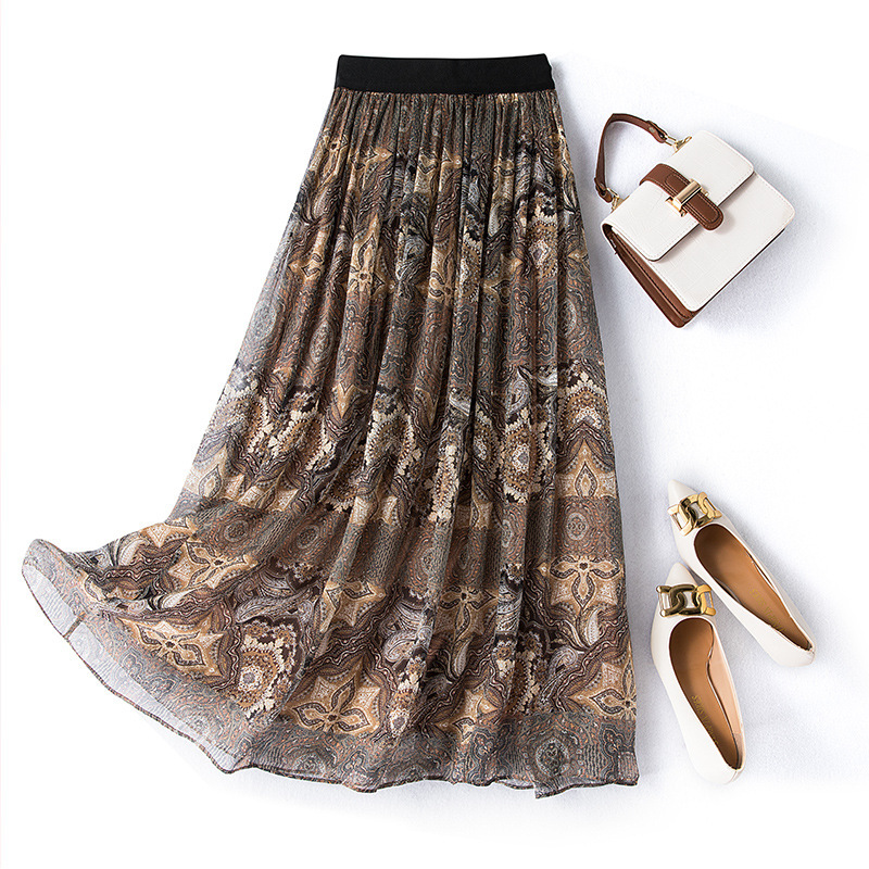 Women's Summer Floral Silk Skirt, New Holiday Style Long Skirt, Slim Fit, Elegant, Elastic Waist Skirt