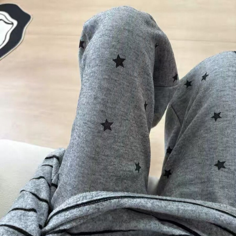 Women's casual wide-leg pants, new style, printed, gray, loose, with stars, spring, Korean style, versatile, slimming and elongating Women's casual wide-leg pants, new style, printed, gray, loose, with stars, spring, Korean style, versatile, slimming and elongating