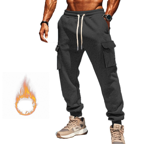 Autumn and winter fleece men's casual overalls men's multi-pocket pants large size sports casual pants