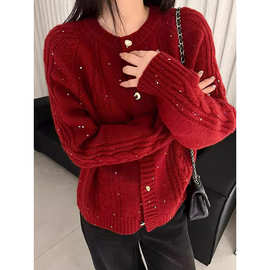 冬季新年红长袖针织开衫上衣小众圆领爱心纽扣设计感羊绒毛衣外套
