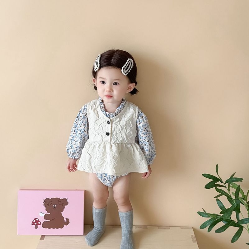 2023秋季婴儿韩版碎花长袖包屁衣背心裙套装女宝宝洋气两件套