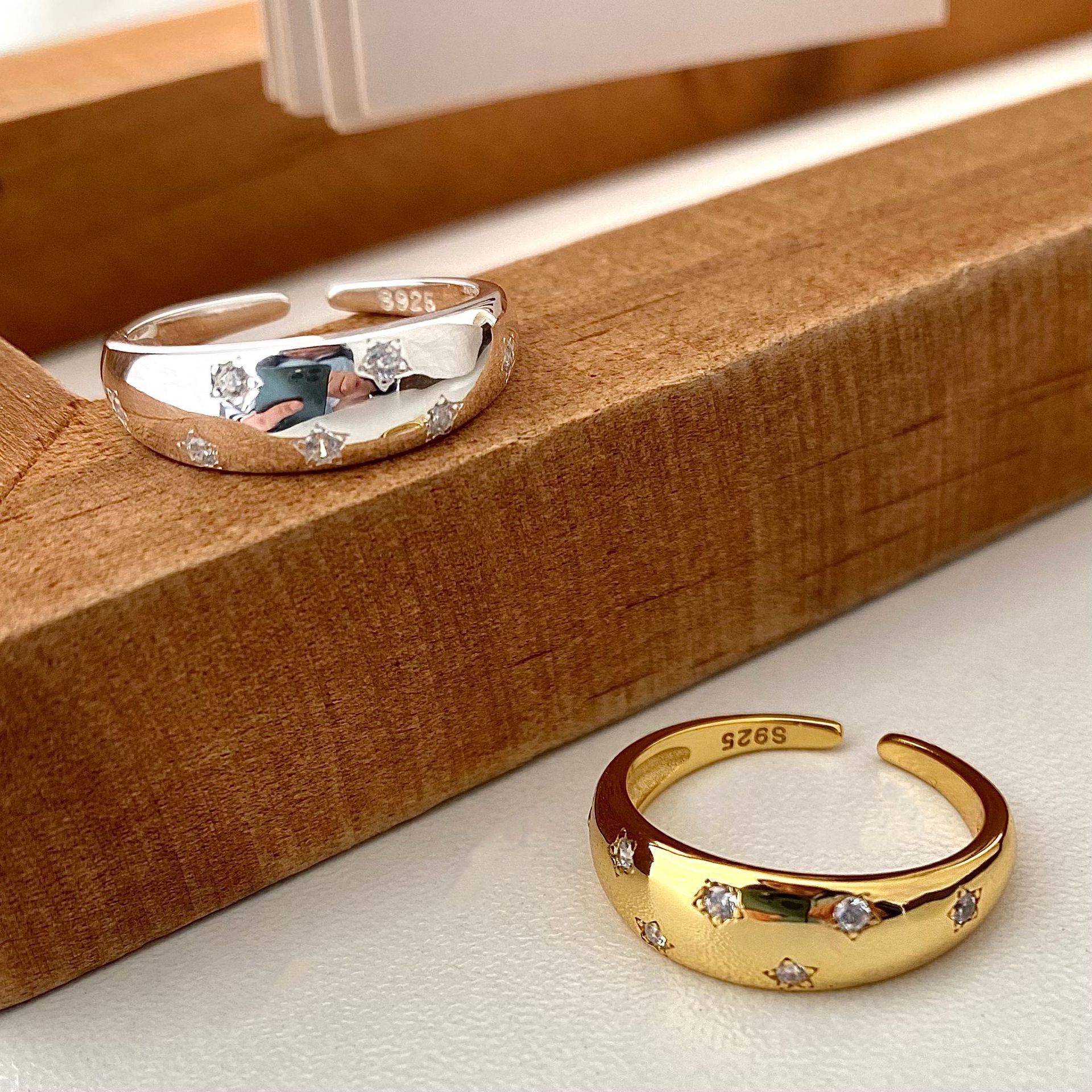 18K Gold Plated Silver Plated 925 Sterling Silver Zircon Geometric Star Adjustable Ring Open Rings Rings display picture 3