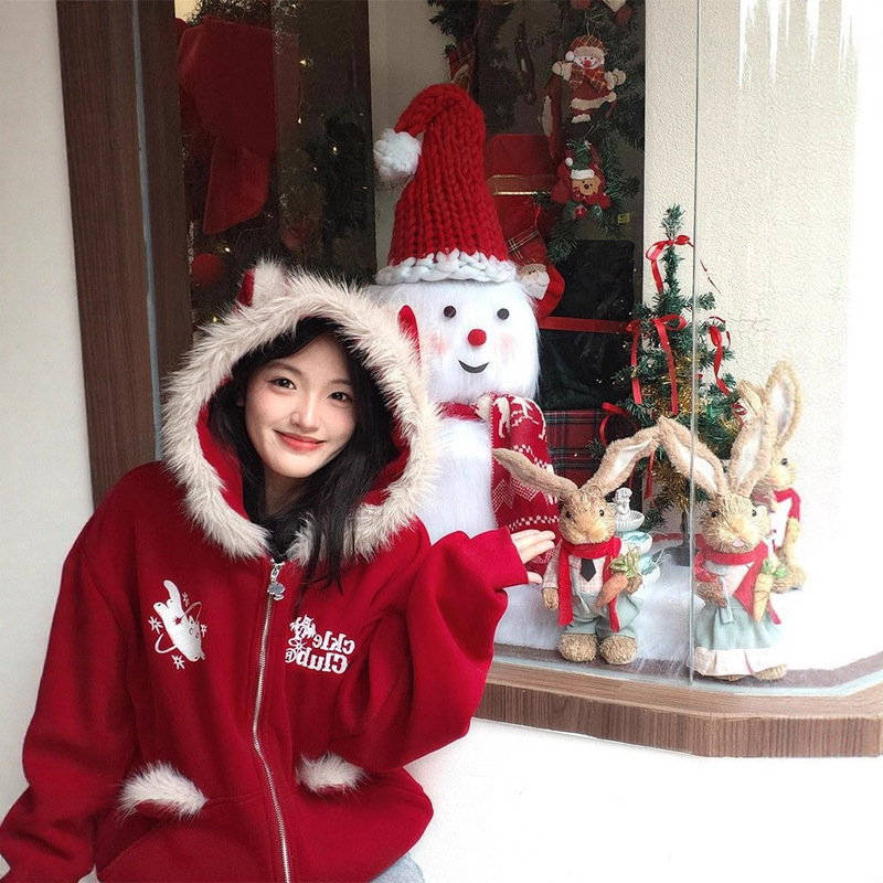 American Retro Ghost Cat Plush Hooded Sweatshirt Jacket for Women with Lazy Style Hoodie