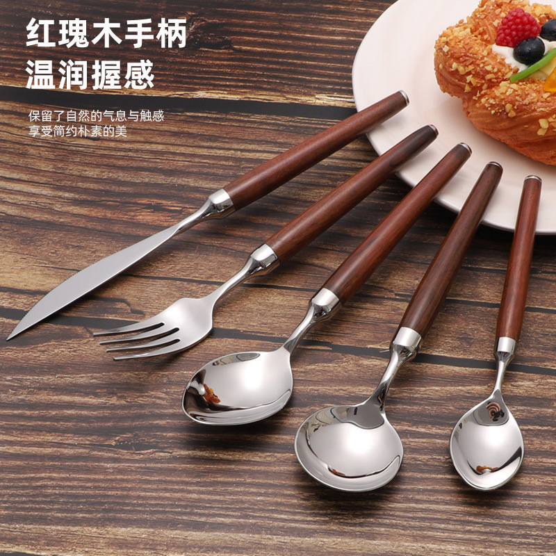 Red Rose Wooden Spoon High Color Value Wooden Handle Tableware 304 Stainless Steel Spoon Pointed Round Spoon Dining Knife and Fork suit Combination Red Rose Wooden Spoon High Color Value Wooden Handle Tableware 304 Stainless Steel Spoon Pointed Round Spoon Dining Knife and Fork suit Combination
